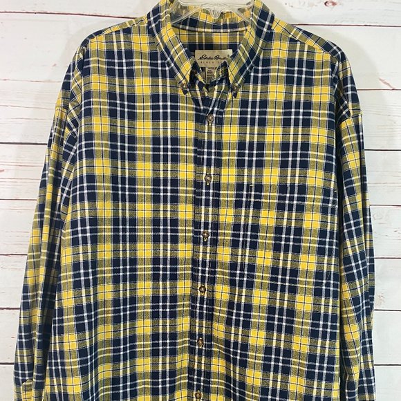 SOLD Eddie Bauer Black & Yellow Plaid Flannel Long Sleeve Shirt NWOT - Picture 10 of 14